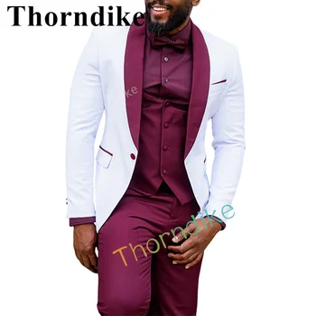 Thorndike Rahat Erkekler Düğün Suit Damat Smokin Ceket Seti Custom Made Şal Yaka Patchwork Blazer Yelek Pantolon