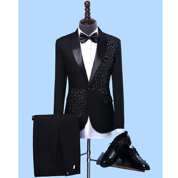 Siyah Erkek Takım Elbise Elmas Moda Tepe Yaka Tek Düğme Blazer Sahne Konseri Konak Smokin Slim Fit 2 Parça Takım Elbise erkekler için