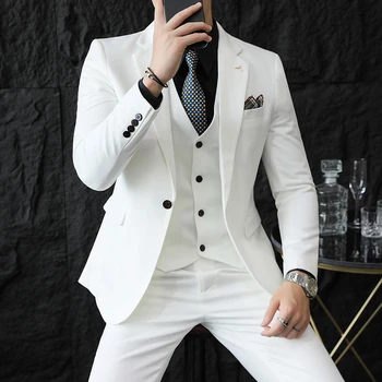 Yeni (Blazer + Yelek + Pantolon ) erkek Moda İş Trendi Kore Zarif Beyefendi İnce Rahat Düğün Ev Sahibi 3 parçalı Set S-7XL