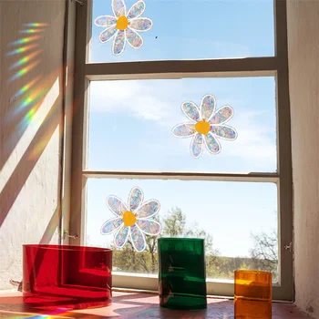 Suncatcher Çiçek Papatya Sticker Çiçek Cam Pencere Dekor Duvar Çıkartmaları Gökkuşağı Prizma Elektrostatik Güneş Catcher Ayna Duvar Dekor