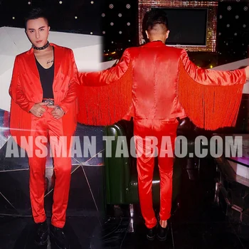 Gece kulübü Bar DJ Şarkıcı Atmosferik Kırmızı Püskül Moda Yeni Takım Elbise erkek İlkbahar Ve Sonbahar Rahat Performans Giyim