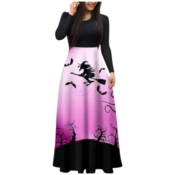 Elegant Women Sweatshirt Halloween Print Round Neck Fashion Maxi Robe Long Sleeves Party Prom Dress пальто мужское длинное