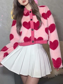 Tatlı Pembe Kalp Ceket Kadın Sonbahar Kış Aşk Kontrast Yün Gevşek Casual Palto Kore Moda Tiki Tarzı Hırka Ceketler