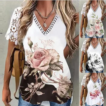 Yaz Moda Zarif Stil Gömlek Kadın Bluz Kısa Kollu Dantel Dikiş Baskılı V Yaka günlük t-shirt Çiçek Günlük Kazak
