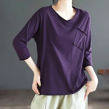 Rahat Gevşek Düz Renk kısa kollu tişört kadın Giyim Yeni Tüm Maç Sadelik V Yaka Eklenmiş Üstleri Kadın X854