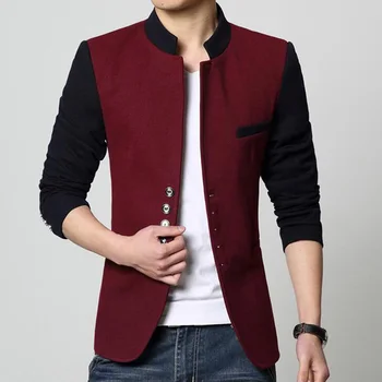 Standı Yaka Erkek Blazer Renk Engelleme Patchwork Tasarım Casual Tunik Takım Elbise Ceket Tek Göğüslü Ceket Erkek Giyim