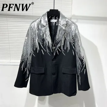 PFNW Orijinal Darkwear Tarzı Kişilik Düzensiz Pullu Patchwork Gevşek Fit Takım Elbise erkek Moda Etiket Niş Tasarım Ceket 12Z4656
