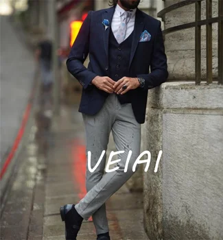 Zarif erkek Takım Elbise Lacivert Çentik Yaka Ceket Yelek Gri Pantolon Custom Made Düğün resmi giysi 3 Adet Trajes De Hombre